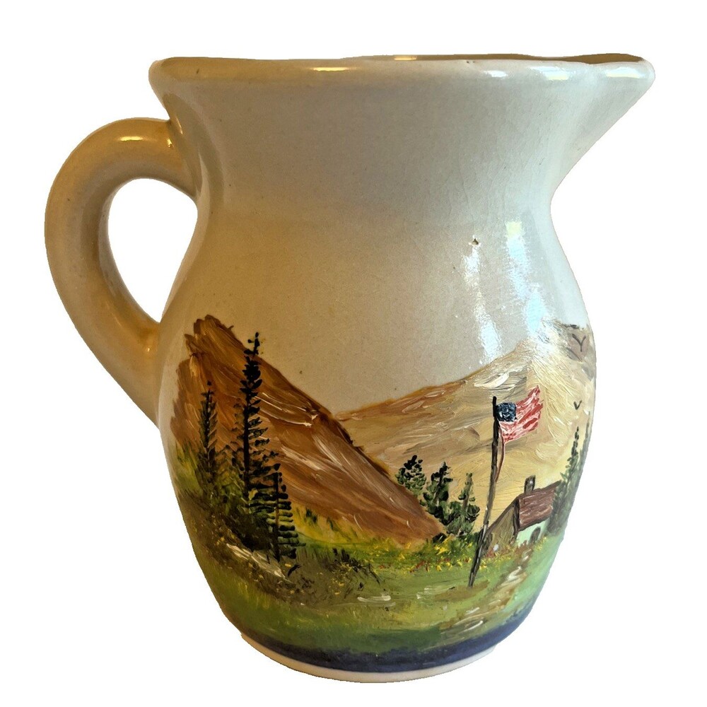 USA Pottery Hand Painted American Landscape Blue Stripe 4 3/4" Pitcher Signed